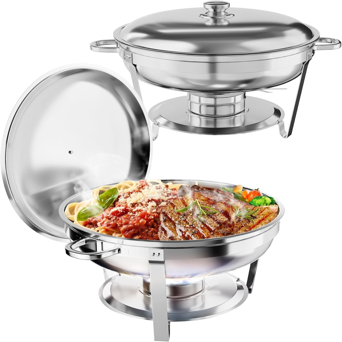 Garvee Lot de 2 plats de présentation en acier inoxydable de 4,7 L avec support de couvercle pour buffets, fêtes, mariages et événements, argent