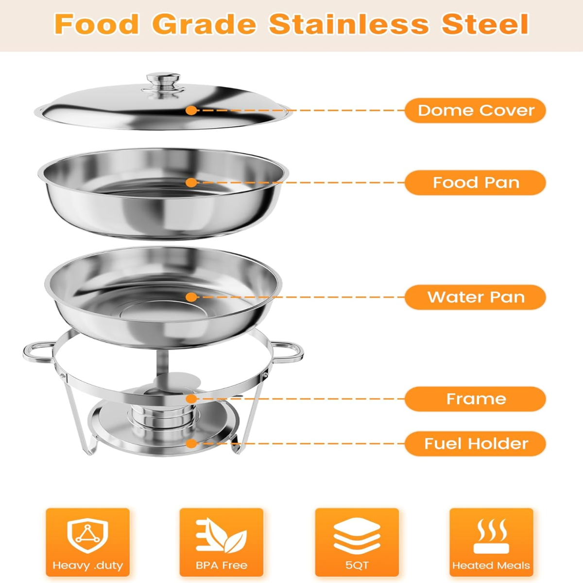 Garvee 4 Pack 5 QT Stainless Steel Chafing Dishes with Lid for Buffet Parties Weddings Events Silver