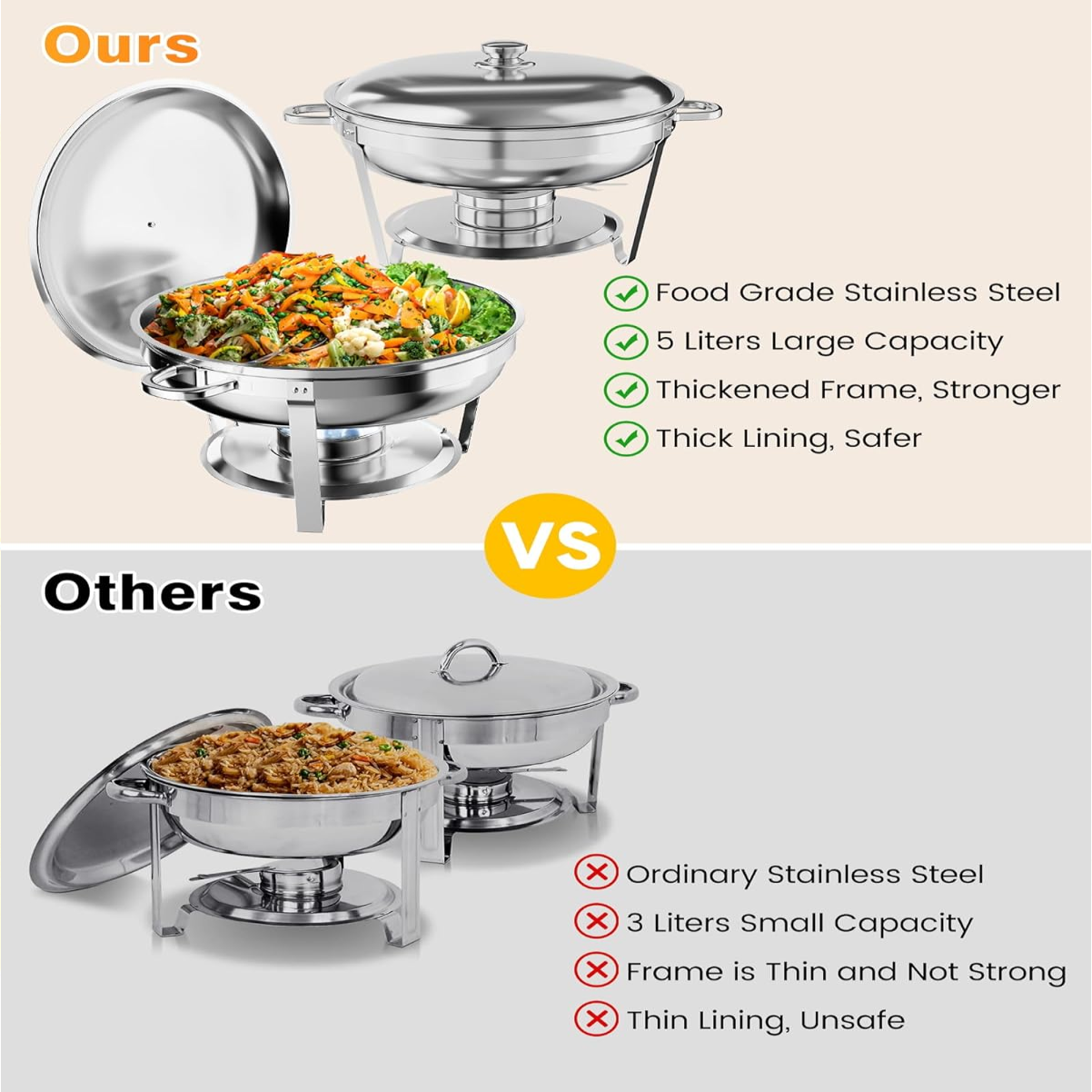 Garvee 4 Pack 5 QT Stainless Steel Chafing Dishes with Lid for Buffet Parties Weddings Events Silver