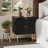 Garvee Modern Fluted Nightstand with Charging Station & 2 Drawers, Gold & Wood Bedside Table with USB Ports & Outlets, Small Side Table for Bedroom, Apartment - Black