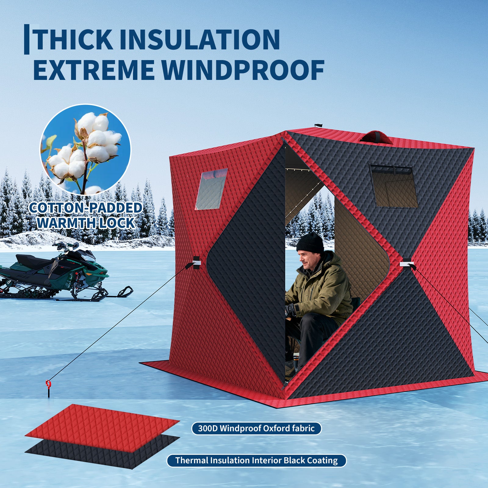 Thick insulation and windproof construction for ice fishing shelter