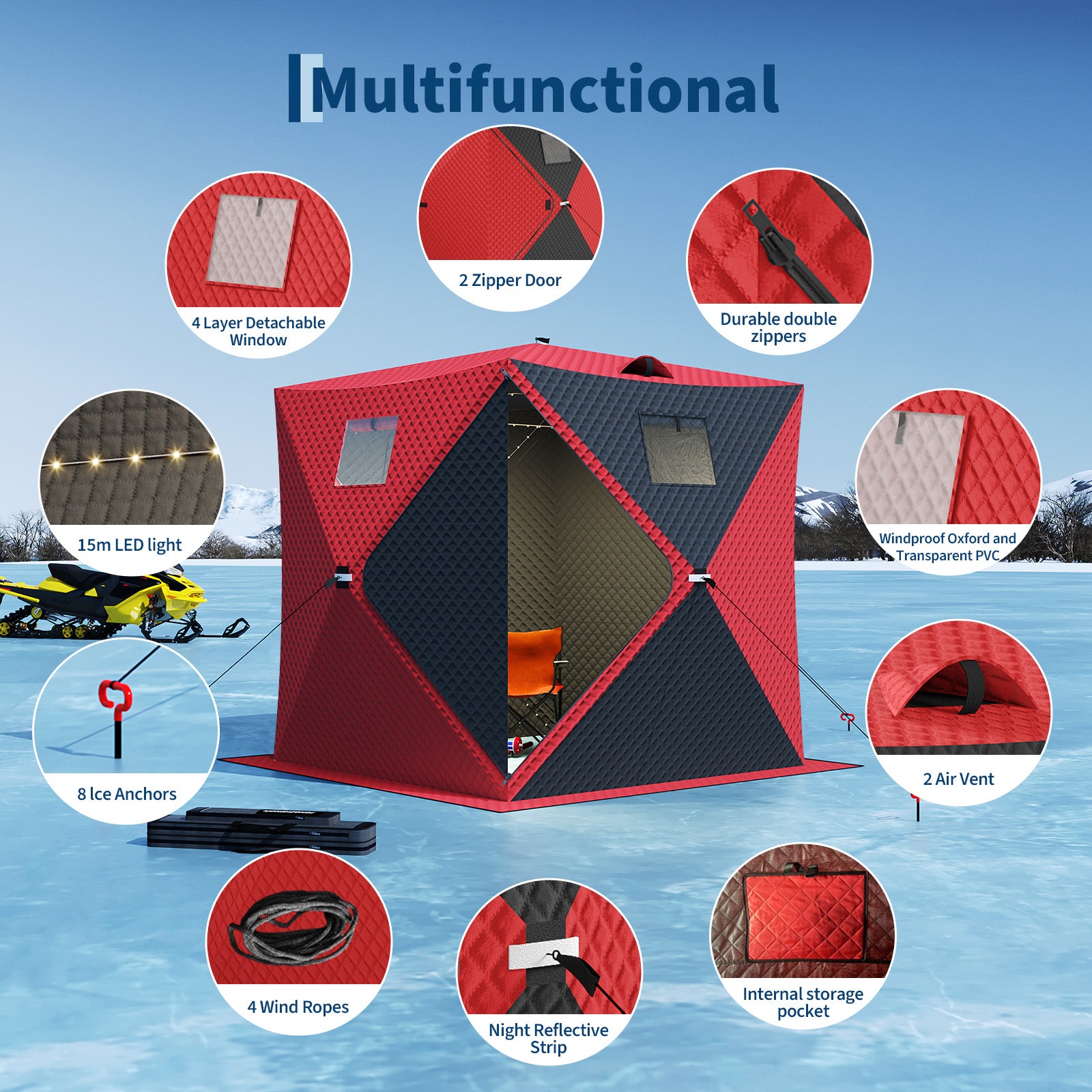 Multifunction ice fishing shelter with LED light, windows and anchors