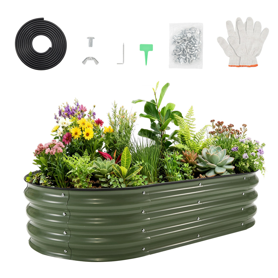 Garvee 6x3x1Ft Oval Galvanized Garden Beds, Large Raised Planter for Patio and Yard, Durable Steel, Easy Assemble, Safe Rubber Edge, DarkGreen