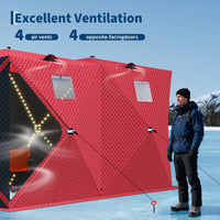 Garvee Insulated Pop-Up Ice Fishing Tent – 5-7 Person Spacious Shelter with Double Zippered Doors, 2x49ft LED Light Strips, Windproof, Easy Setup, Carry Bag, Anchors, Battery Packs – Red + 2 Side Black