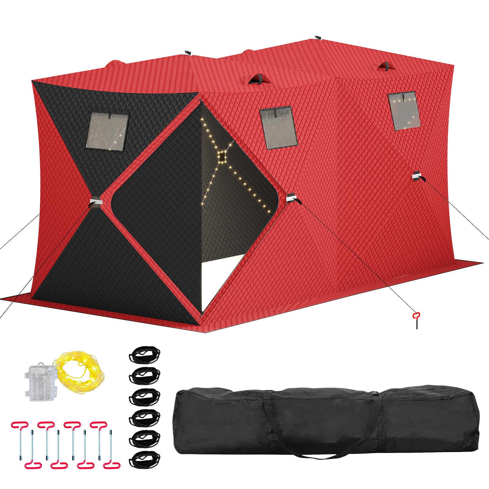 Ice fishing tent kit with carry bag, anchors, ropes and LED light