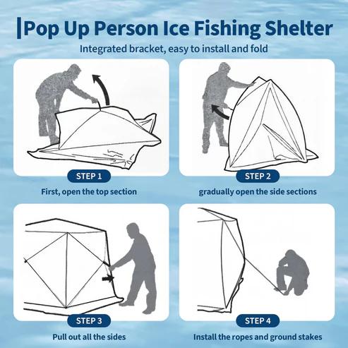 Pop-up setup steps for ice fishing shelter