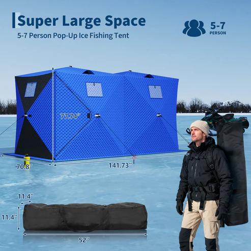Super large 5-7 person ice fishing tent with carry bag and dimensions