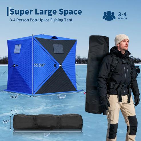 3-4 person pop-up ice fishing tent size and carry bag