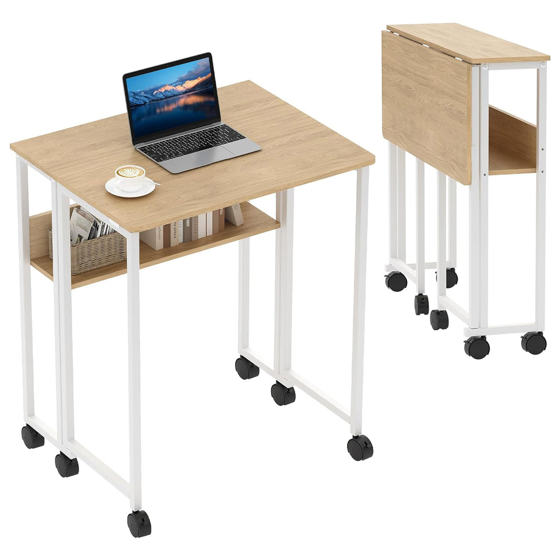 Garvee Bureau Pliant Petite Table Roulante avec Étagère de Rangement pour Bureau à Domicile et Étude, 63 cm, Pliable, Gain de Place, avec Roues