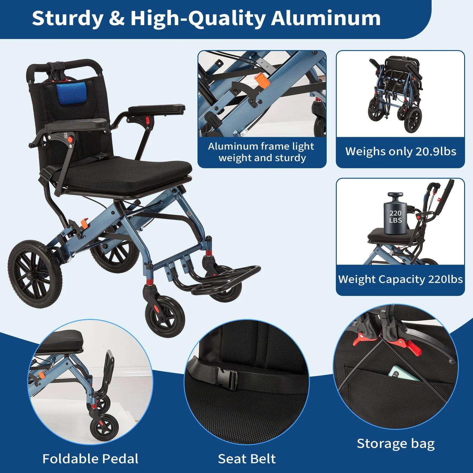 Fauteuil roulant à cadre en aluminium robuste et support stable