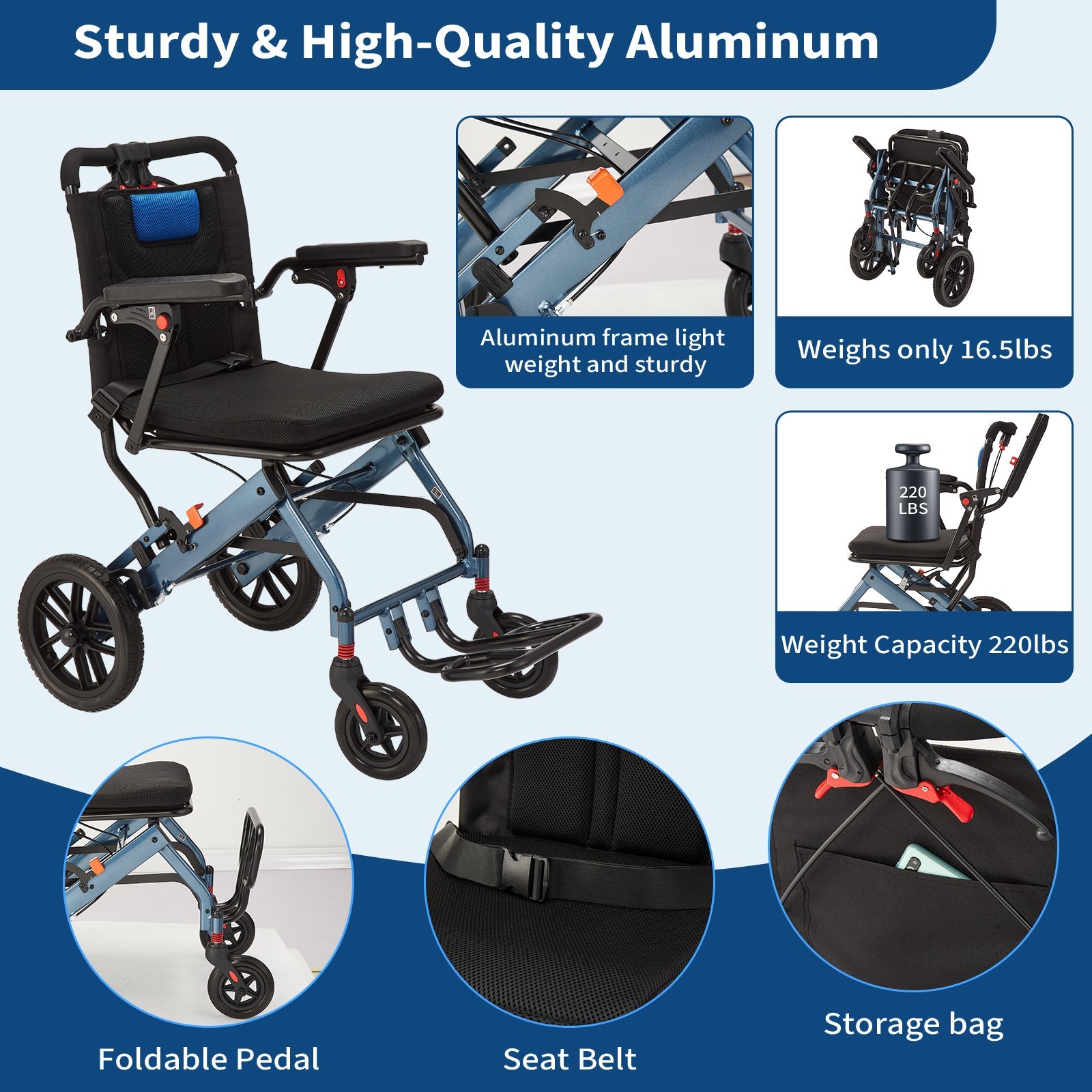 Lightweight aluminum wheelchair frame with safety details