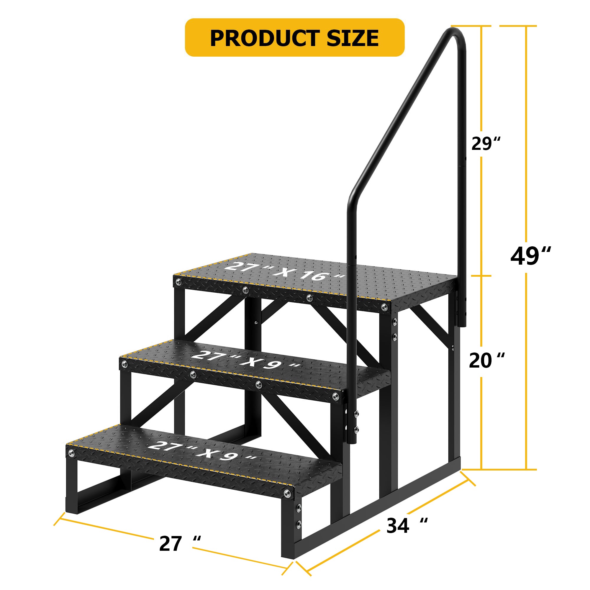 Garvee 3 Step RV steps size diagram with handrail and platform measurements