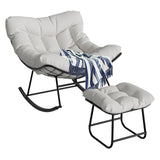 GARVEE Papasan Rocking Chair with Footrest, Metal Patio Lounge Rocking Chair with Ottoman & Thick Cushion, Patio Comfy Modern Egg Rocker for Balcony Backyard Porch Bedroom, White - White
