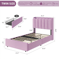 Garvee LED Twin Size Bed Frame with Storage Headboard, Kids Bed Frame with 2 Drawers, Boucle Upholstered Platform Bed for Girls, Purple
