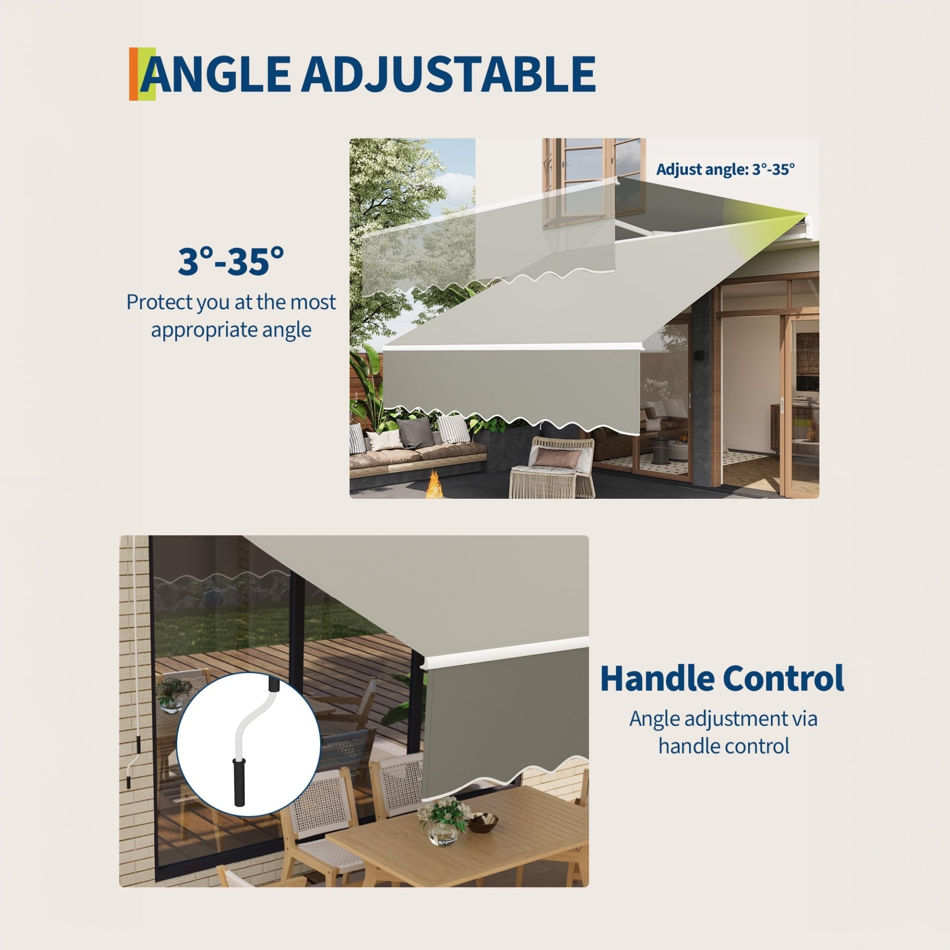 Angle adjustable retractable awning with crank handle control