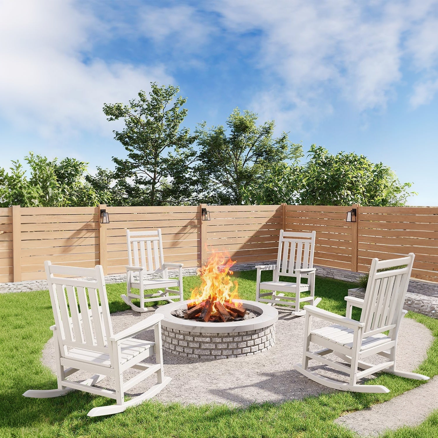 multiple white Adirondack rocking chairs arranged in a backyard gathering space