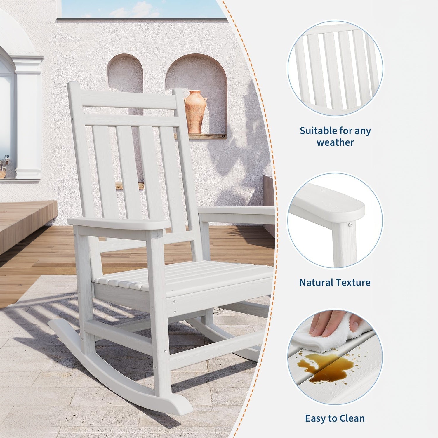 white Adirondack rocking chair with weather resistant texture and easy cleaning detail callouts