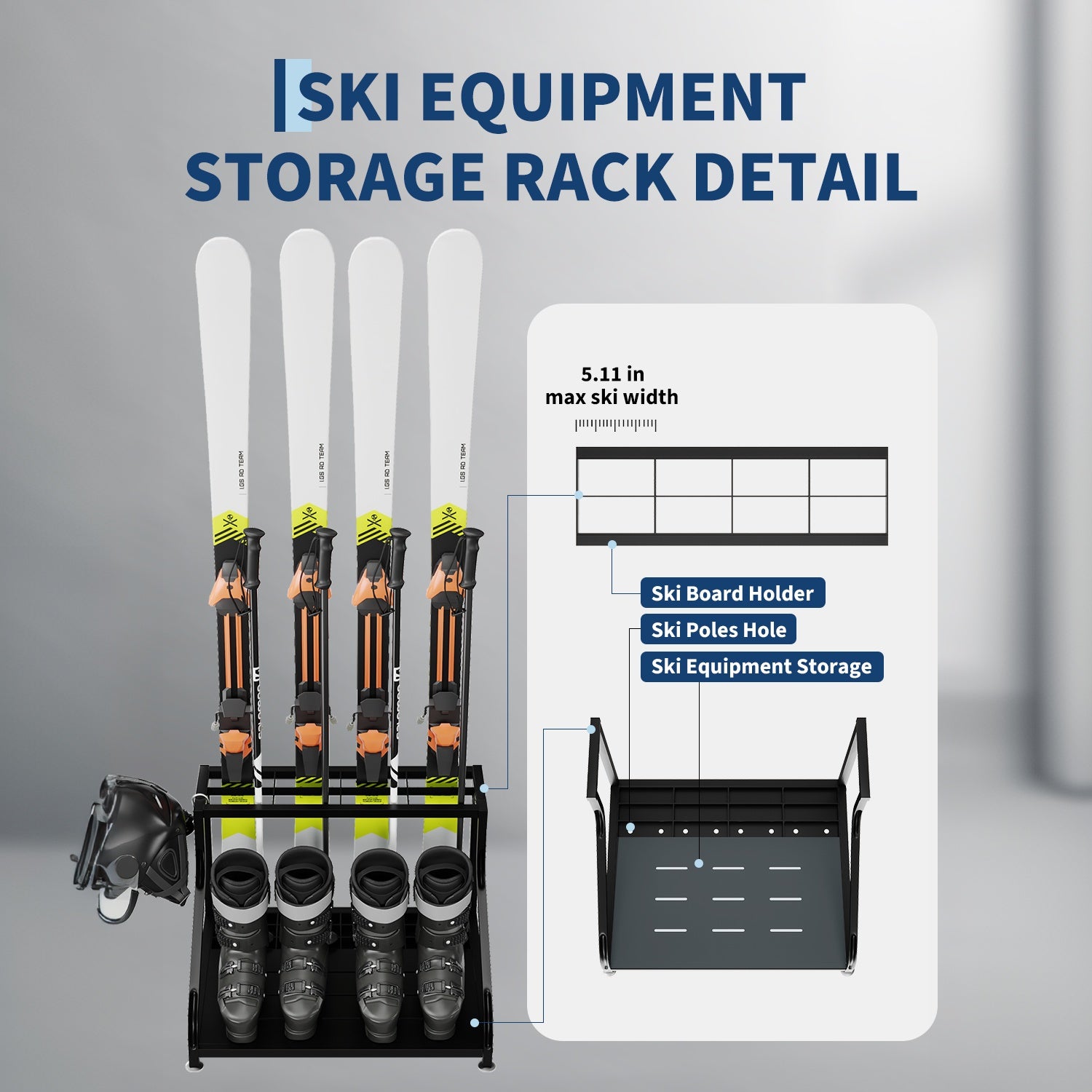 Garvee ski rack with skis, boots and helmet storage detail