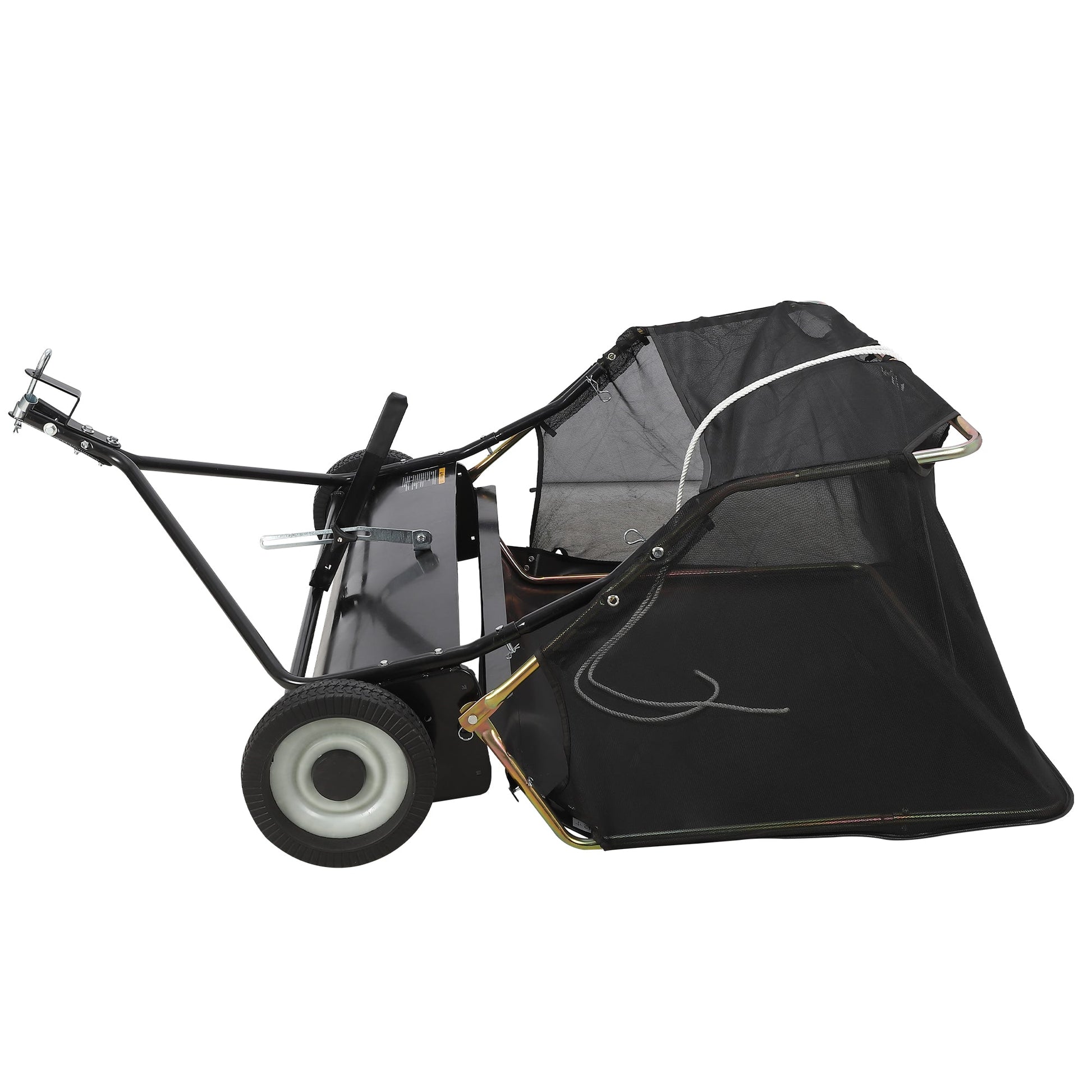 Tow-behind lawn sweeper in folded position