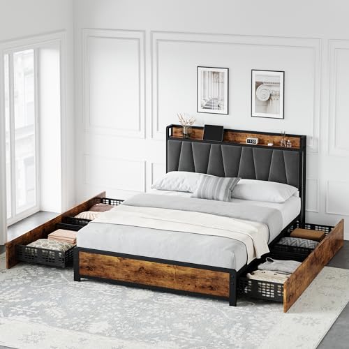 Queen bed frame with four underbed storage drawers