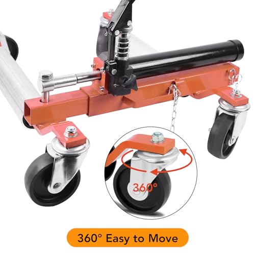 close view of an orange wheel dolly with 360 degree swivel casters