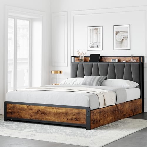Vintage brown platform bed with linen upholstered headboard