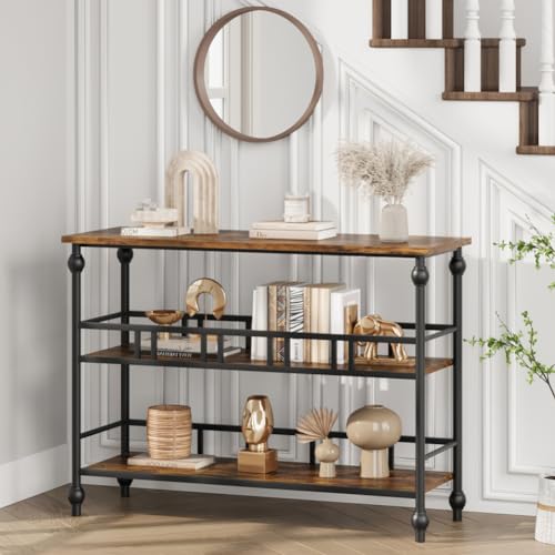 Rustic brown console table with narrow 3 tier storage design