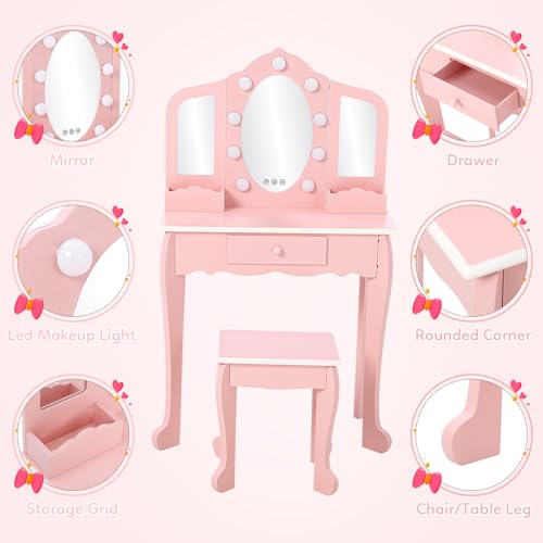 Vanity set details showing drawer, storage grids, and rounded corners
