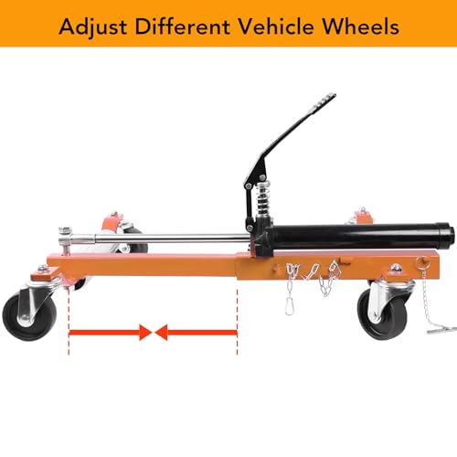 side view of an orange hydraulic wheel dolly with an adjustable tire opening