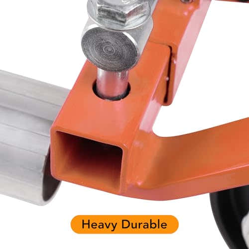 close view of the reinforced orange frame and adjustment pin on a wheel dolly