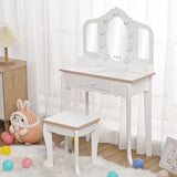 Garvee Princess Vanity Set for Toddlers - Kids Vanity with 3 Mirror & Light, and Stool, White - White