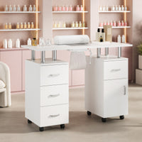Table de manucure Garvee blanche avec collecteur de particules électriques – 4 tiroirs, placard latéral, roues verrouillables et repose-poignet, bureau à ongles portable pour salon ou mobilier de rangement à domicile, blanc, standard américain
