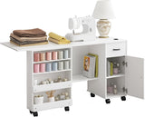 Garvee Folding Sewing Machine Table with Storage Shelves and Sliding Drawer for Home Bedroom Small Spaces White - White