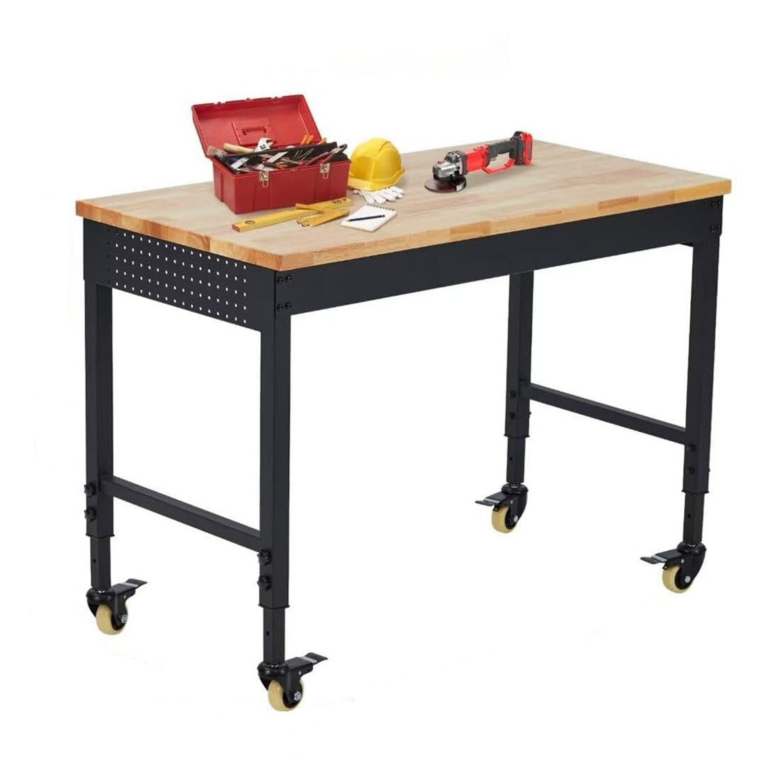 Garvee 60" x 22" Adjustable Workbench 2000 Lbs Capacity, Rubber Wood Table Heavy Duty Workstation with Hardwood Top, Power Outlets, Metal Frame, Swivel Casters, Garage Table for Workshop Office Home
