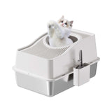 Garvee Stainless Steel Litter Box With Lid Extra Large Enclosed Cat Litter Box For Big Cats Anti-Leakage Metal Kitty Box With High Sided Enclosure Scoop Pedal Non-Slip Mat Easy To Clean - White Basin 15 High