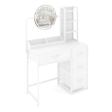 Garvee Small Vanity Desk with Lighted Round Mirror, Power Outlet, 4 Fabric Drawers, 3 Shelves for Bedroom, White - White