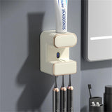 Garvee Toothpaste Dispenser With 3 Toothbrush Slots, Automatic Wall Mounted Squeezer, Electric Bathroom Accessory, Beige - White