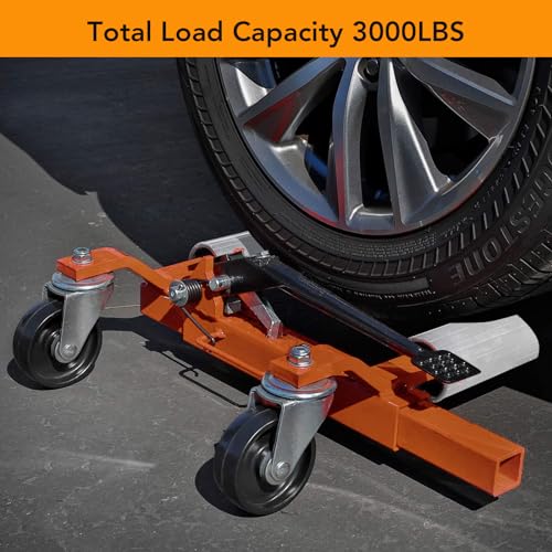 orange hydraulic wheel dolly lifting a vehicle tire with a foot pedal