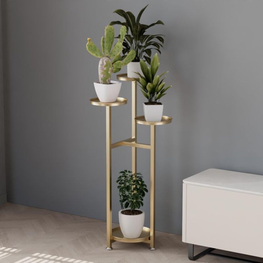 Gold multi-layer tall plant shelf in a living room corner
