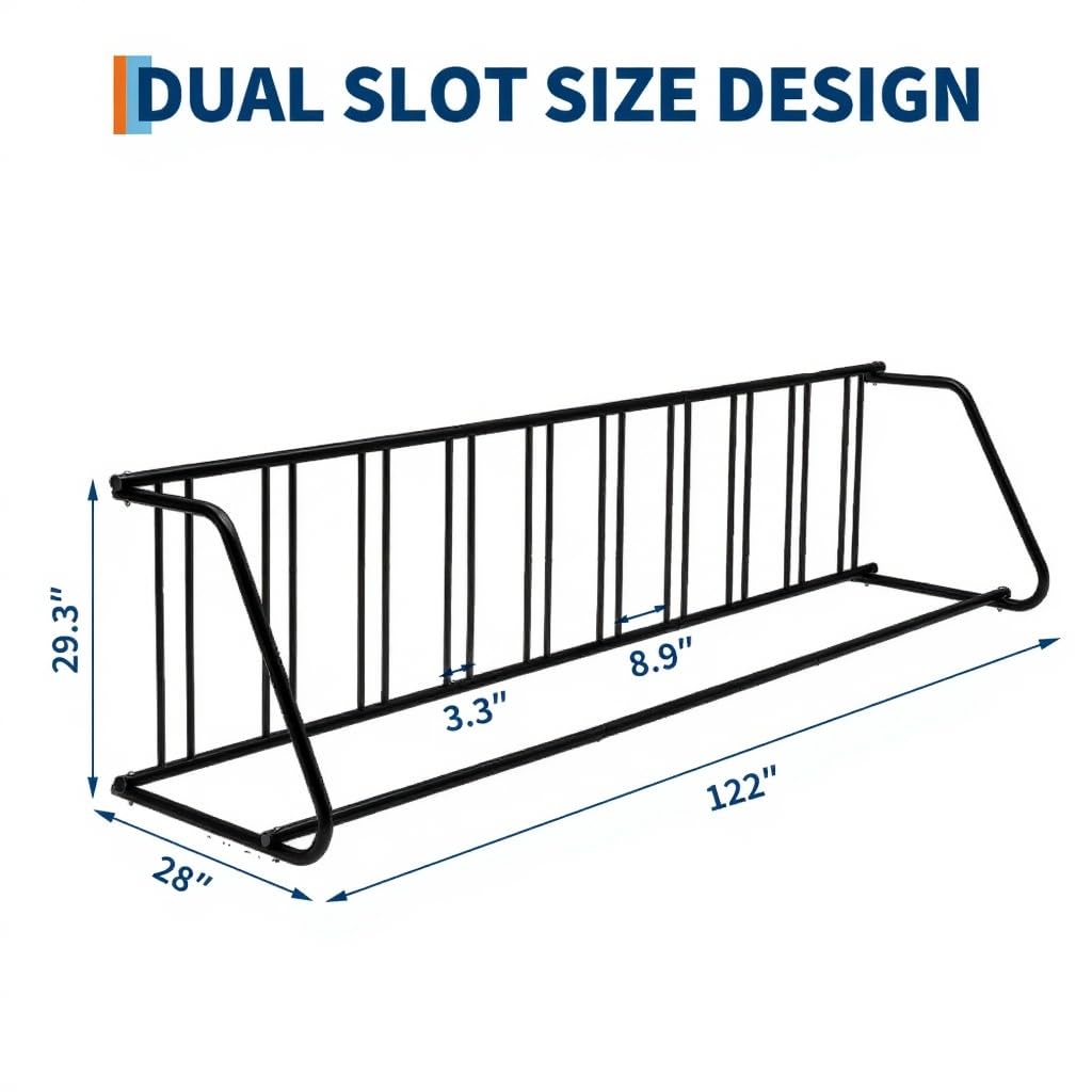Dual slot size bike rack with dimensions