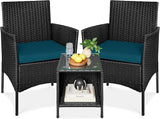 Garvee 3 Piece Patio Bistro Set Outdoor PE Rattan Wicker Furniture with 2 Chairs and Glass Top Table for Balcony Yard Garden Small Space, Black - Black+Green