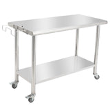 Garvee Stainless Steel Work Table 48x24 Heavy Duty Prep Table With Undershelf For Kitchen And Commercial Use, Silver, Mobile With Wheels - With Casters, Without Backstop, 08 Curved Edge With Removable Trash Rack