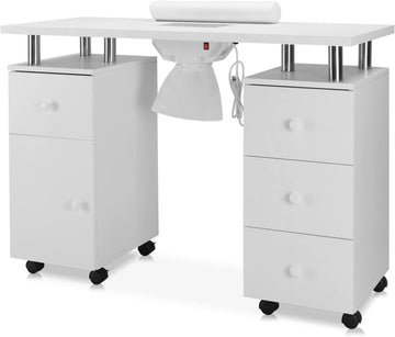 Table de manucure Garvee blanche avec collecteur de particules électriques – 4 tiroirs, placard latéral, roues verrouillables et repose-poignet, bureau à ongles portable pour salon ou mobilier de rangement à domicile, blanc, standard américain