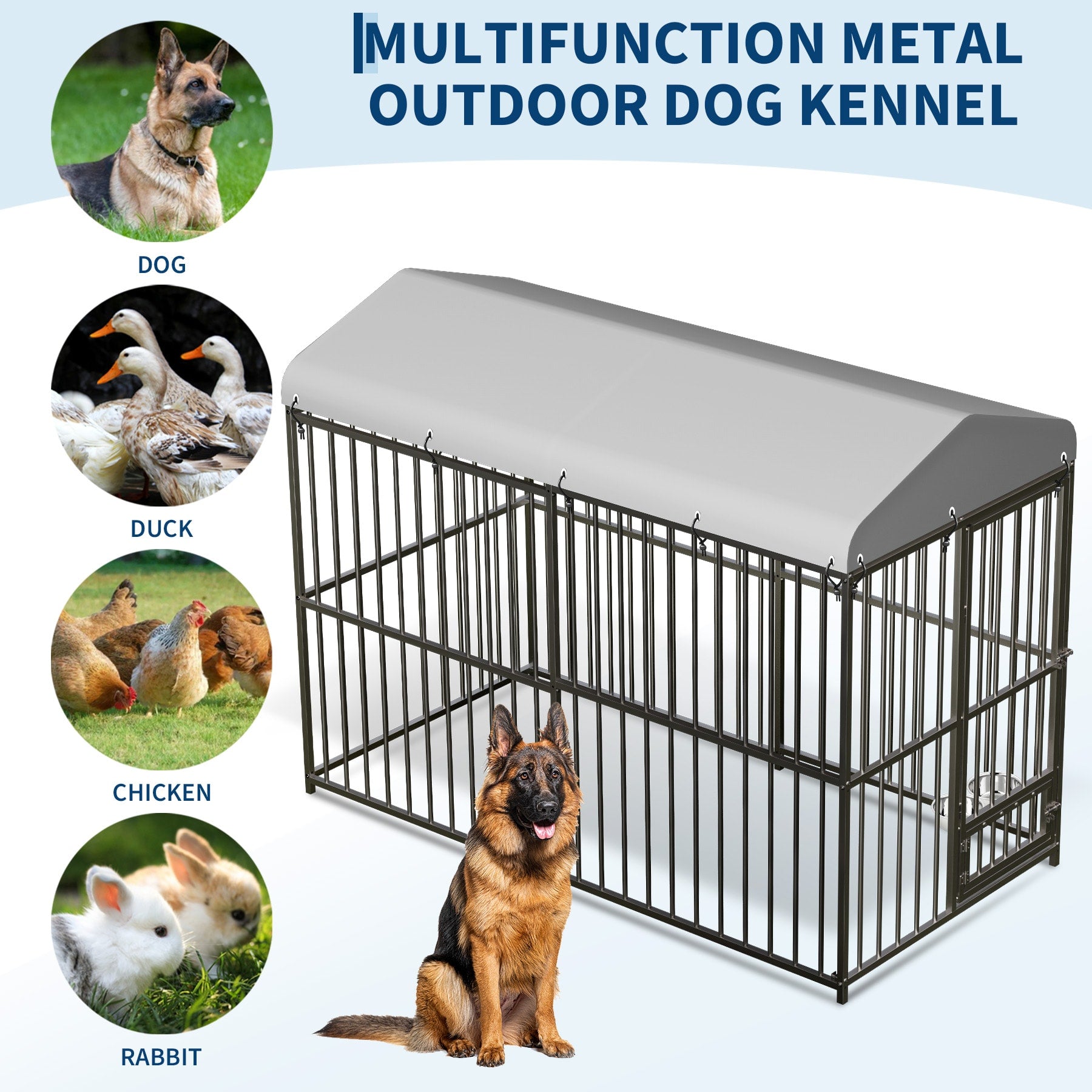 Garvee Grand Chenil d'extérieur Robuste 2,4 × 1,2 × 1,8 m avec Verrou, Gamelle Rotative en Acier Inoxydable, Toit Étanche, pour Toutes les Races de Chiens, en Métal, Résistant aux Intempéries