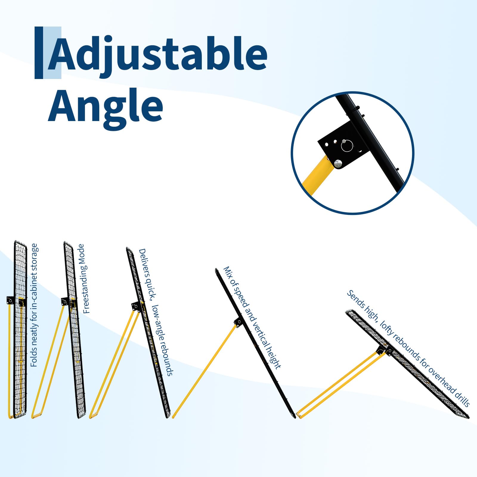 Adjustable angle volleyball rebounder net for multiple drill positions