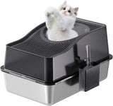 Garvee Stainless Steel Cat Litter Box with Lid Large Enclosed High Sided Tray 23.6x15.7x15.6 In Black Base - Black Bottom Basin 20 High