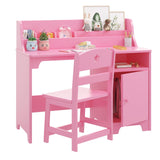 Garvee Kids Study Desk with Chair, Wooden Children Study Table, Kids Desk & Chair Sets with Hutch and Storage Cabinet for 3-12 Year Old, Student Writing Desk for Kids Bedroom & Study Room - Pink