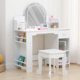 Garvee Kids Vanity With Lighted Mirror & Stool, Adjustable LED Light, Bookshelf, Storage Drawer, White, For Girls 3-9 - White