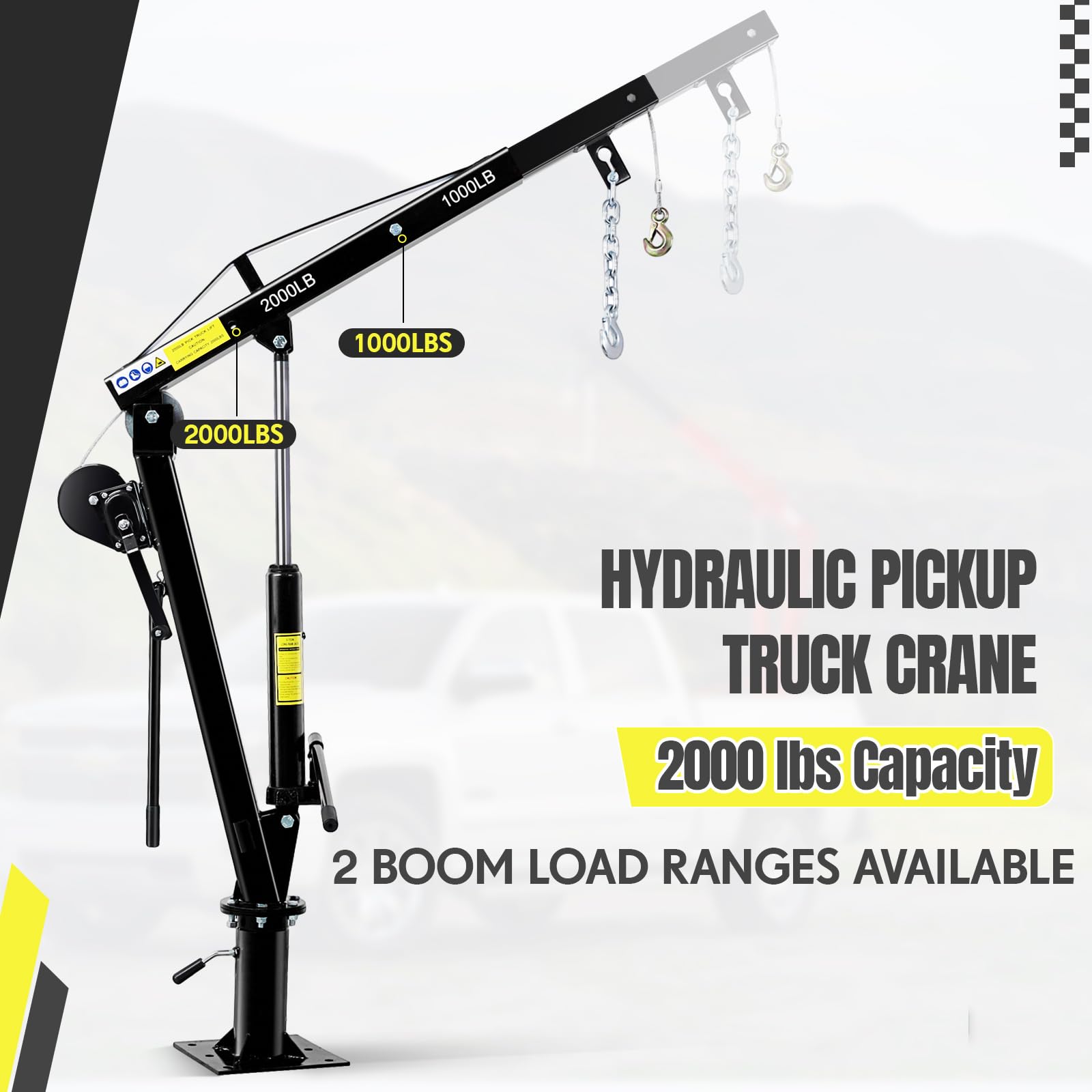 Garvee black pickup truck crane with 2000 lbs and 1000 lbs boom load range labels