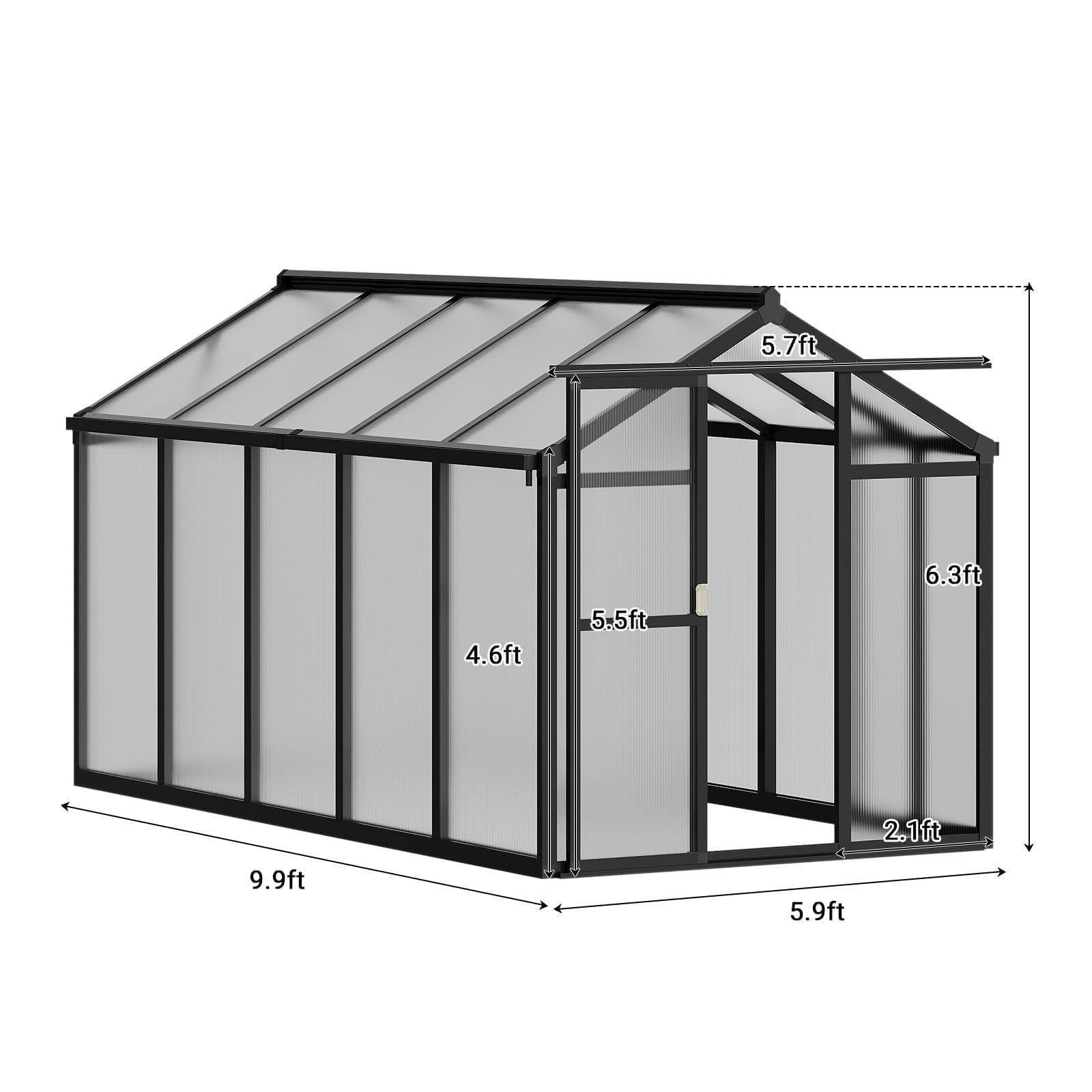 Garvee 6x10 greenhouse dimension guide showing length width height and door measurements